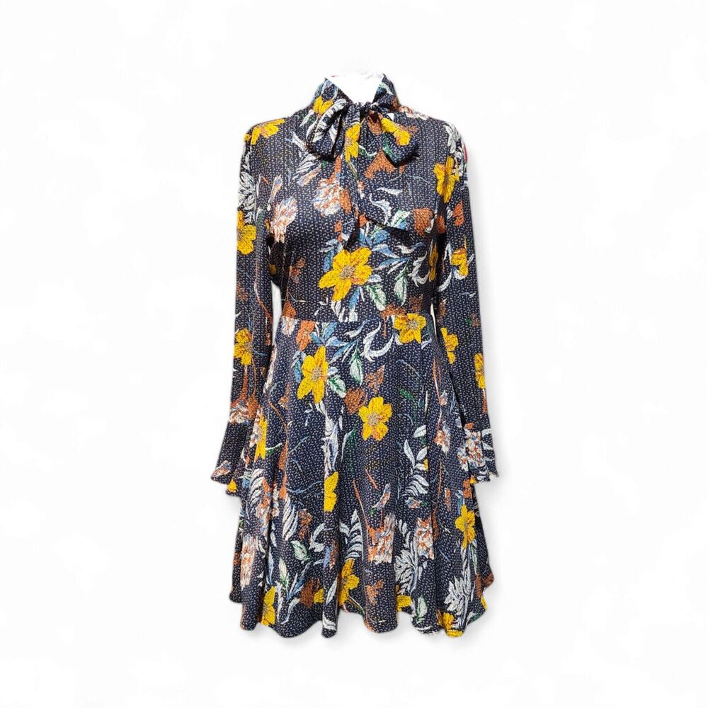 California Moon Rise Dress Fall Floral Bow Neck Blue Mini Nomad Art House Small